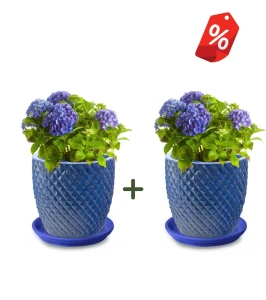 ZESTAW 2x Donica ceramiczna z podstawką szkliwiona Flora 3D NIEBIESKA | 47x40 cm